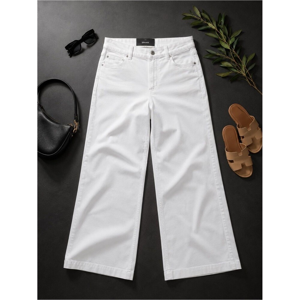 SPANX White Wide Leg Jeans High Rise Stretch Denim Pants Large Coastal Chic Luxe - Picture 1 of 9